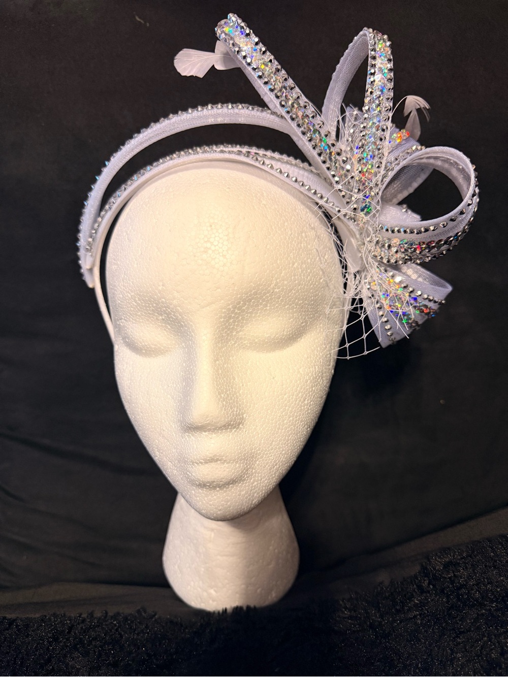 Hand-Made Custom Embellished White Fascinator Headband with Rhinestone Bow
